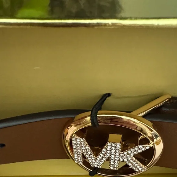 Michael Kors Brown Leather Belt with Gold MK Logo NIB - Picture 4 of 5